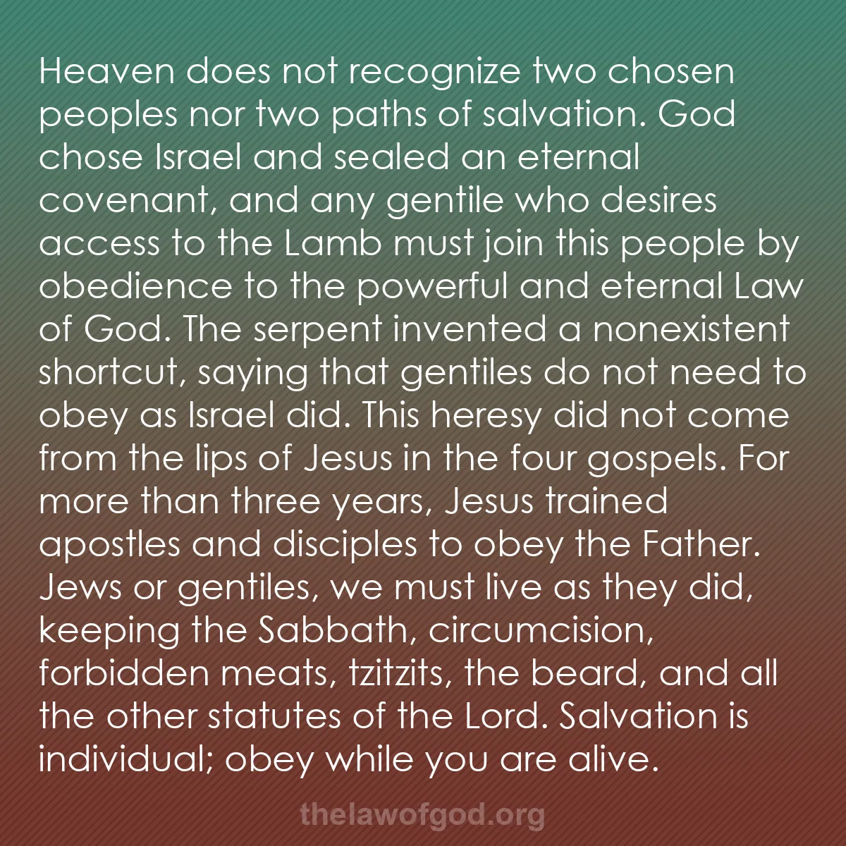 b013 - Post about the Law of God: Heaven does not recognize two chosen peoples nor two paths of...