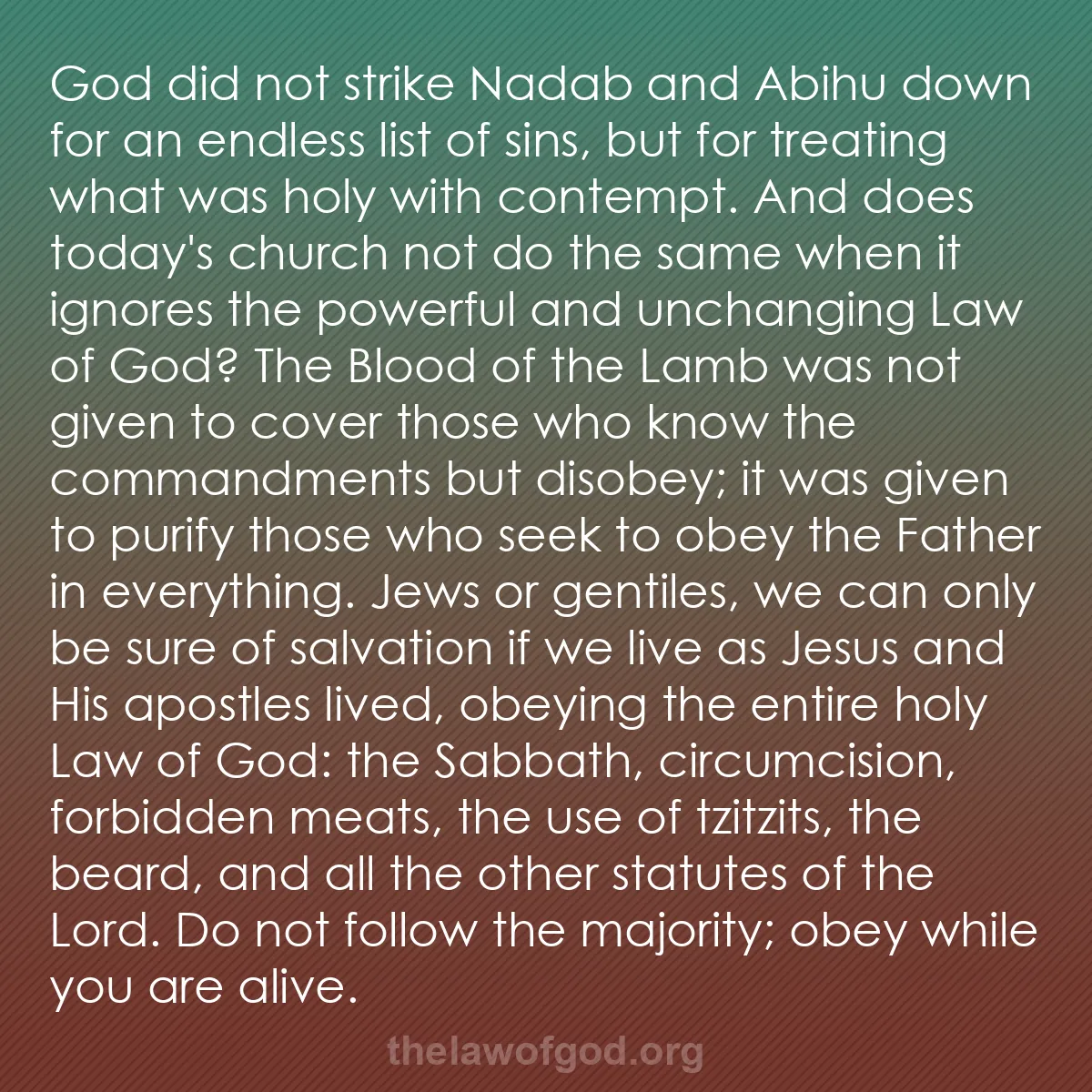 b017 - Post about the Law of God: God did not strike Nadab and Abihu down for an endless list...