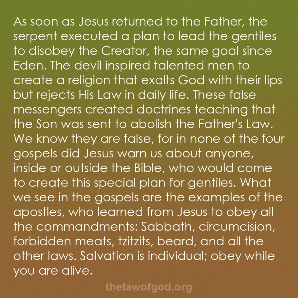 b0209 - Post about the Law of God: As soon as Jesus returned to the Father, the serpent executed...