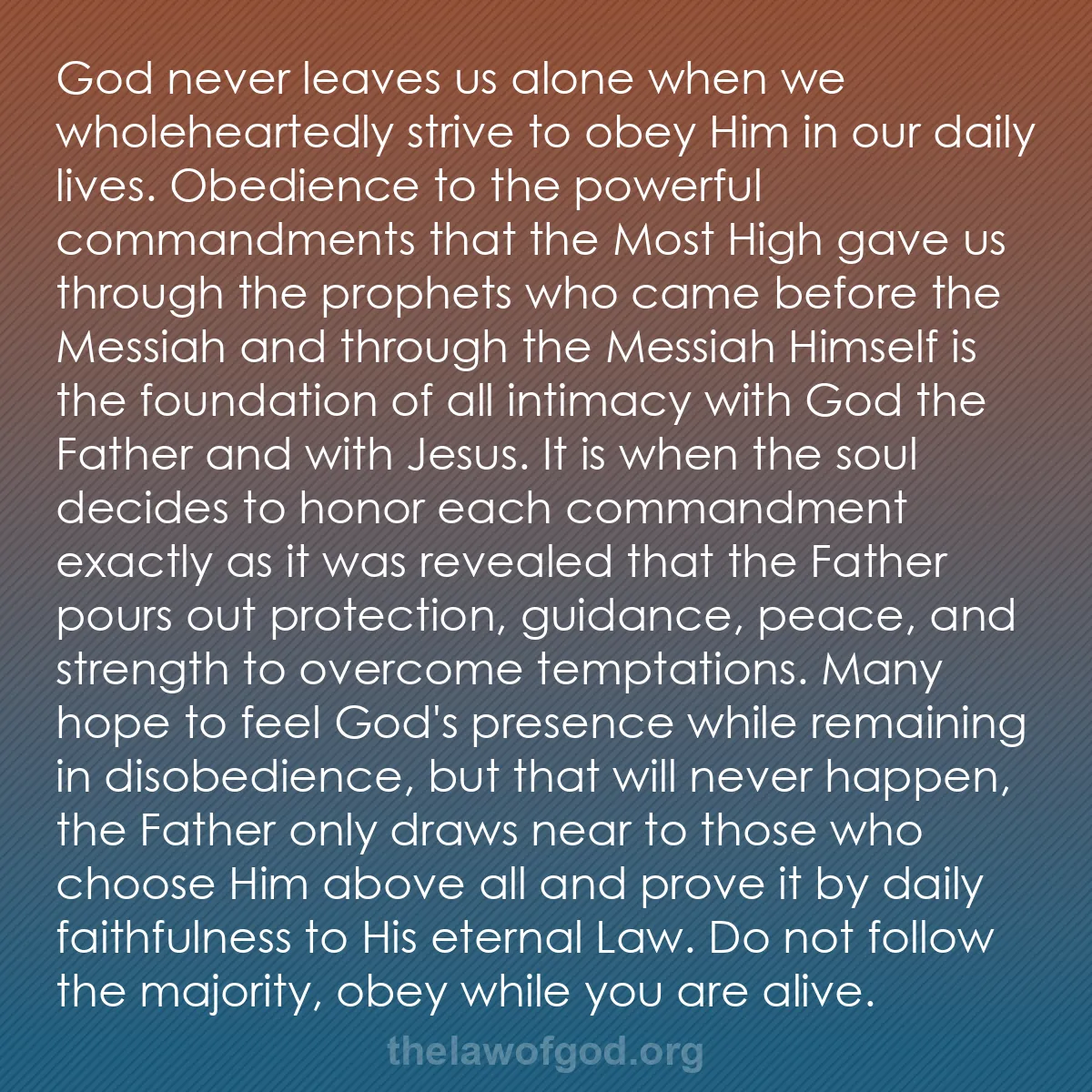 b021 - Post about the Law of God: God never leaves us alone when we wholeheartedly strive to obey...