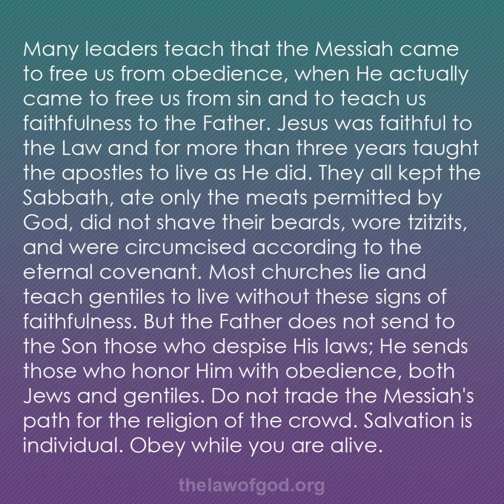b0304 - Post about the Law of God: Many leaders teach that the Messiah came to free us from obedience,...