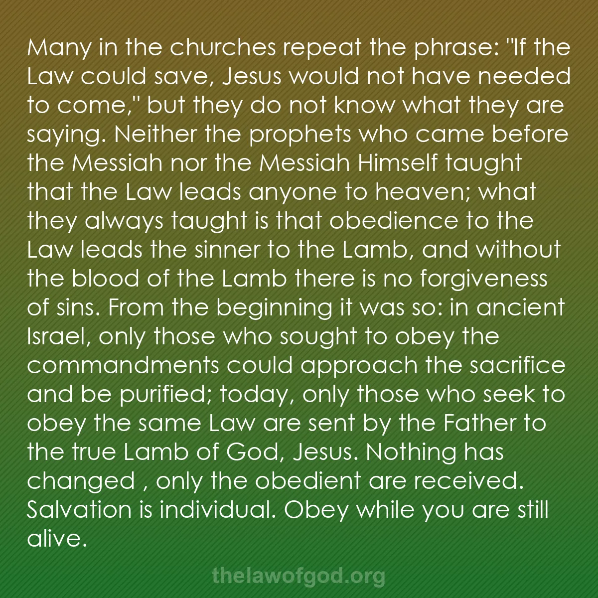 b057 - Post about the Law of God: Many in the churches repeat the phrase: "If the Law could save,...